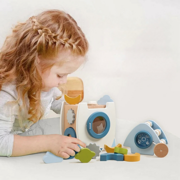 Handmade Montessori Wooden Rocket with Various Shapes and Colors