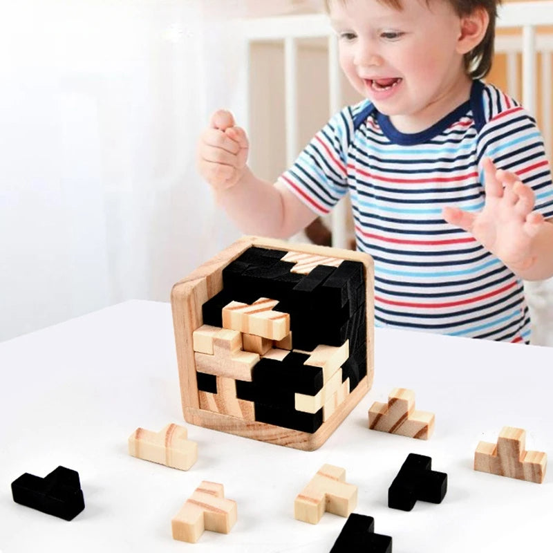 Children's Tetris Game and Learning Cube Made of Wood